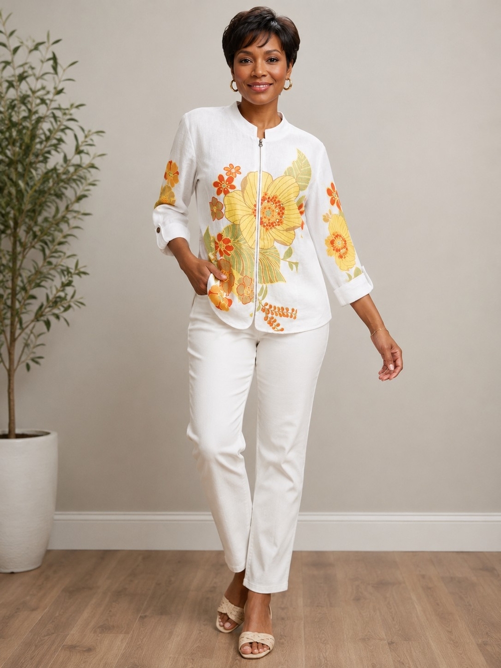 Attitude Women’s Floral Linen Jacket Size Large 100% Linen Lightweight Button